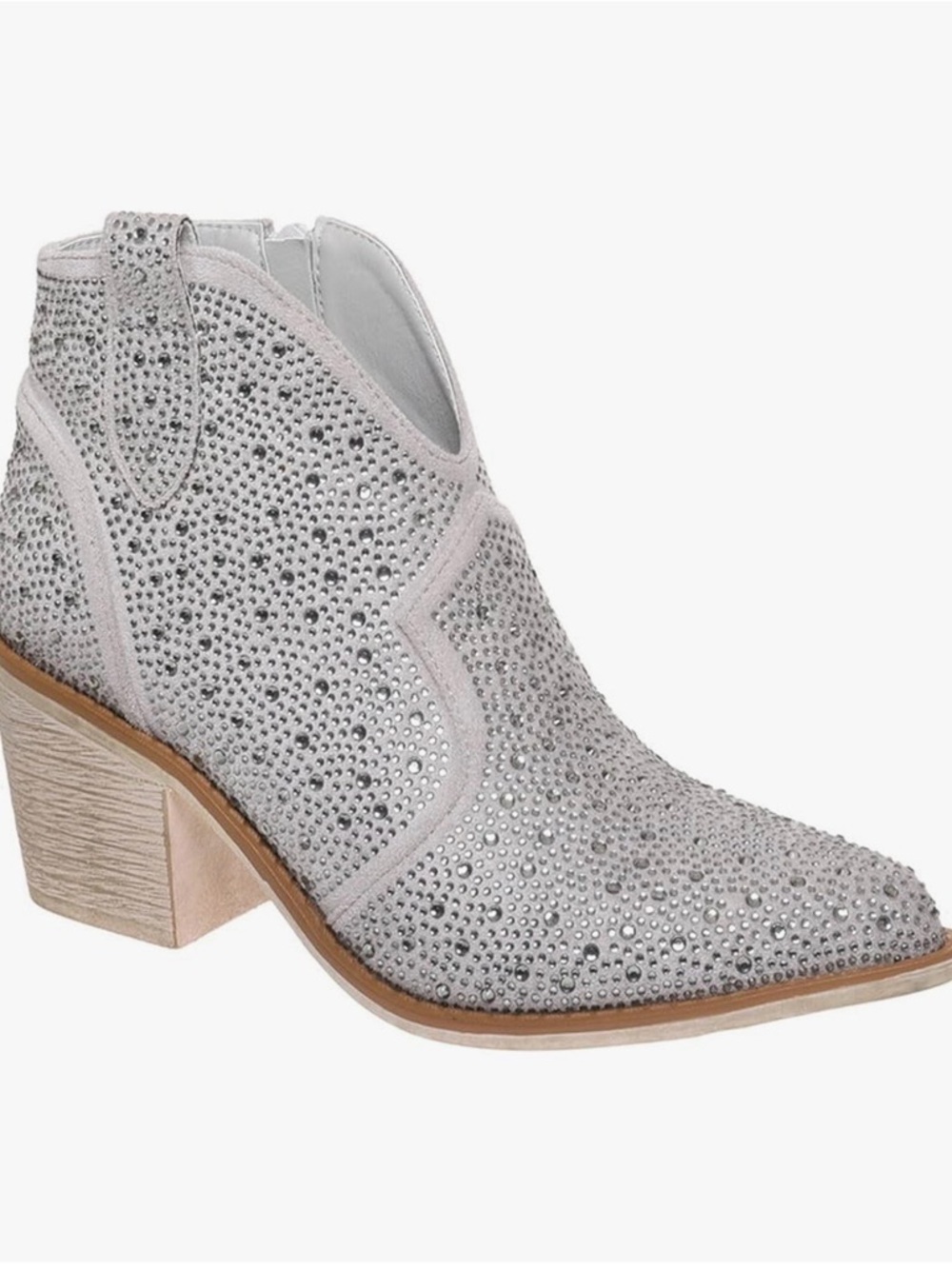 Crystal-Embellished Light Gray Suede Western Ankle Bootie